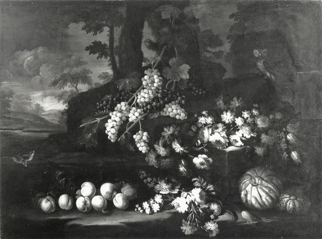 Anonimo — Desti Giacomo (?) - sec. XVIII - Natura morta con fiori, frutta e uccelli in un bosco — insieme
